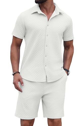 PrinStory Men's Short Sleeve Button-Down Tracksuit Outfit - White, Large