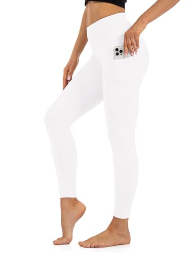 High Waisted Lounge Leggings with Inner Pocket - Buttery Soft Tummy Control Yoga Pants for Women, White, Large, Two Side Pockets