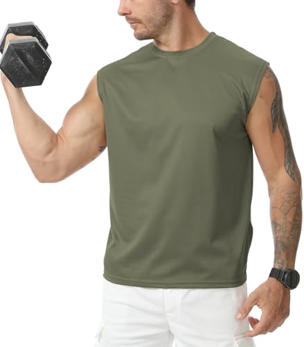 Suwangi Men's Tank Tops 3 Pack Quick Dry Workout Sleeveless Shirts - Large, Black/Grey/Army Green