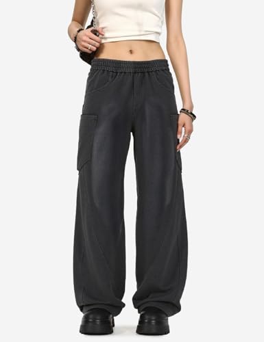 Large Acid Wash Men's Teen Y2K Baggy Wide Leg Sweatpants with Pockets - Black