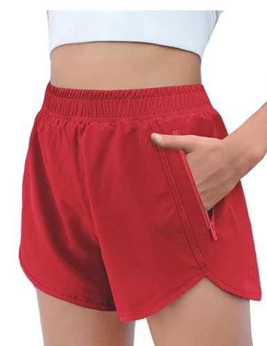 Girls Athletic Shorts with Zipper Pockets for Kids - Red, 9-10 Years