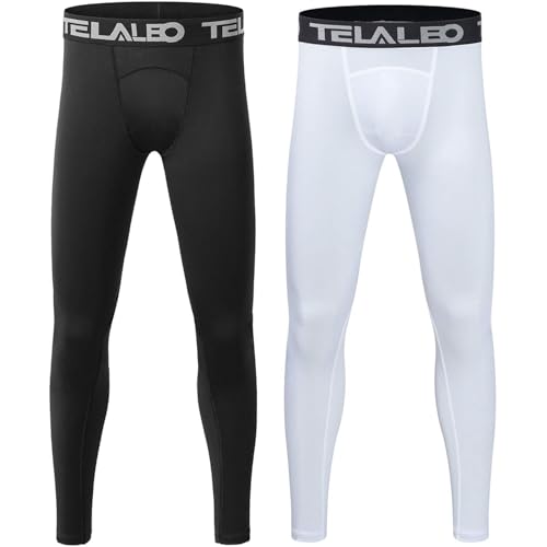 TELALEO Youth Compression Football Leggings - Large Black & White 2-Pack