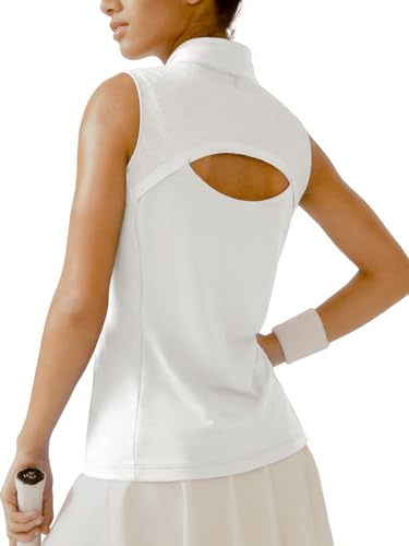Women Sleeveless Golf Tennis Polo Shirt Spliced Mesh Back UPF 50+ - White Small