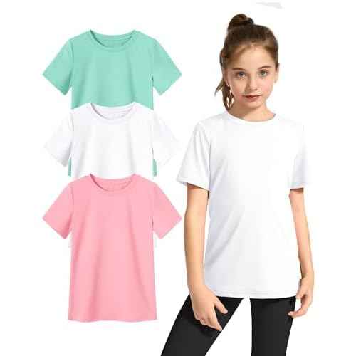KEREDA Girls Athletic Shirts Quick Dry Short Sleeve Crew Neck T Shirts, Summer UPF 50+ Tee Tops for Teen Girls 3 Pack