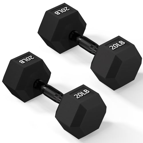 Fitvids Rubber Encased Exercise & Fitness Hex Dumbbell, Hand Weights with Anti-Slip Metal Handle for Home Gym, Multiple Sizes