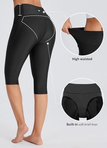 Women's Large Black 14-Inch Modest Swimsuit Tankini with High-Waisted Swim Shorts UPF50+