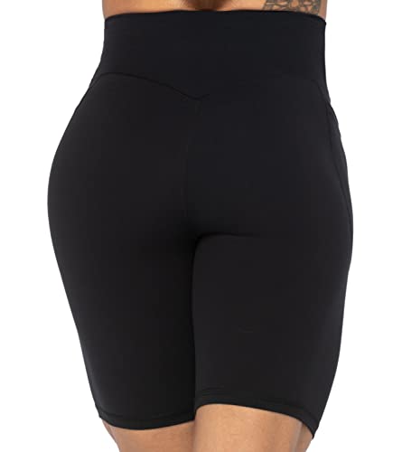 Sunzel Women's High Waist Biker Shorts with Pockets - No Front Seam, 8 Inch Inseam, Large, Black