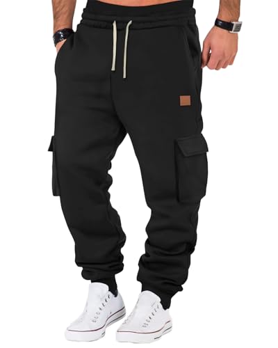 Men's Black Large Fleece Cargo Sweatpants - Cotton Tapered Joggers for Casual & Workout