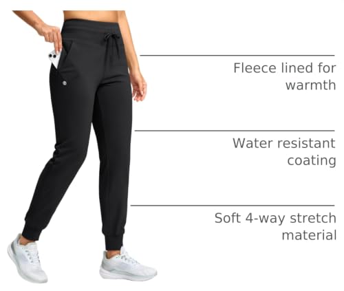 Women's Fleece Lined Joggers - Thermal Winter Pants, 28/30/32 Inch with Variation Black, 5'1"-5'5"