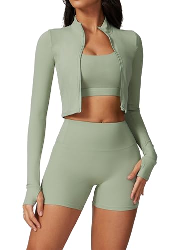 Green Workout Sets for Women 3 Piece High Waist Seamless Sportswear Crop Top Shorts Jacket