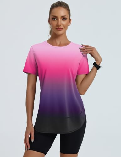 Women’s Workout Tops Short Sleeve Sun Protection Shirt Large Purple Black Gradient
