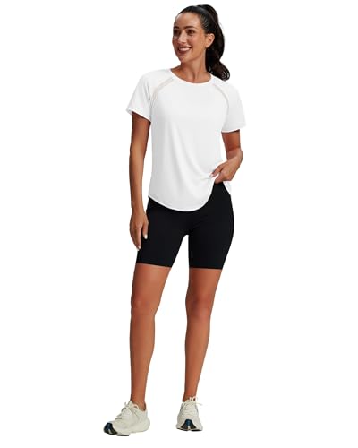 Women's Workout Tops Large White Short Sleeve Yoga Pilates Athletic Gym Shirt with Mesh UV Protection