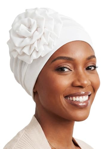 Women Turban Flower Headband Elastic Cap Pre-Tied Scarf Bonnet - Medium White