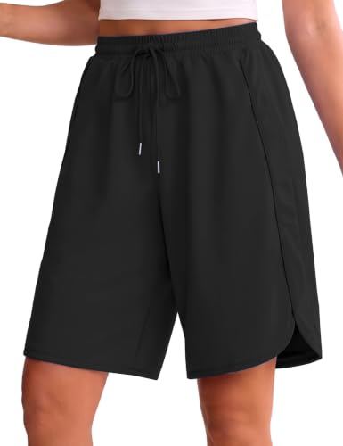 Women’s High Waisted Bermuda Sweat Shorts 9 Inch Loose Lounge Shorts with Pockets - Black 4X-Large
