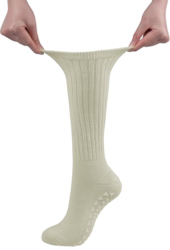 Pilates Socks with Grips for Women - Yoga Slouch Scrunch Socks, 5-11, Beige & Coffee Brown