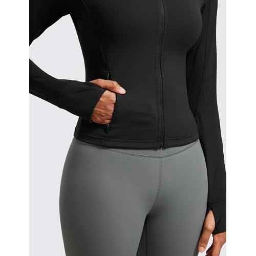CRZ YOGA Butterluxe Womens Cropped Slim Fit Workout Jacket Weightless Track Athletic Full Zip Up Tops with Thumb Holes