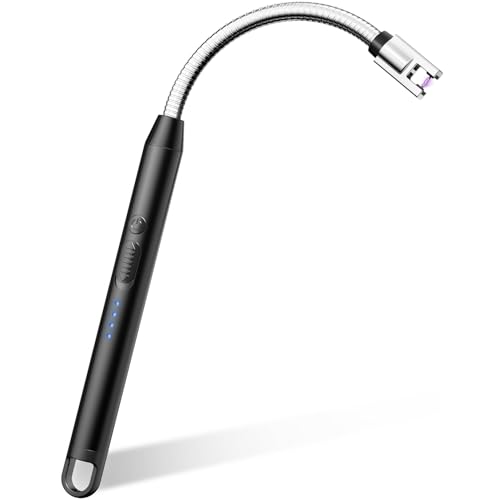 VEHHE Electric Lighter with 360¡Æ Flexible Neck, Flameless Windproof Long Candle Lighter with Led Battery Display, USB C Rechargeable with Hanging Hook for Gifts BBQ Fireworks (Black)