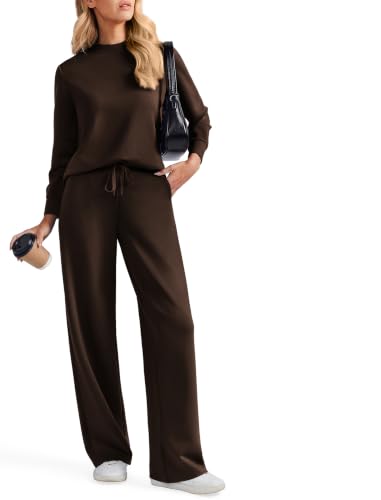 PINSPARK 2 Piece Women's Wide Leg Pants and Mock Neck Sweatsuit Set - Petite / Medium / Espresso Brown