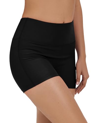 Women's High Waisted Swim Shorts 3 Inch Bathing Suit Bottoms - Medium Black