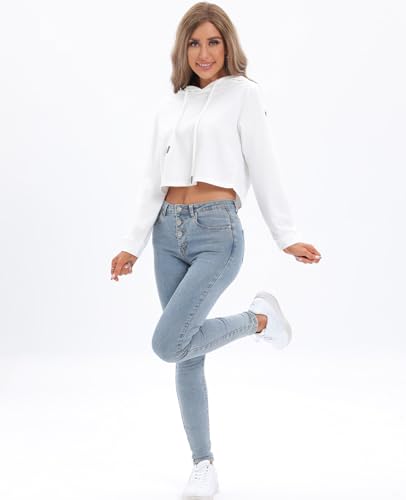 Women's Drawstring Cropped Hoodies for Women Workout Tops Sweatshirt - Large White