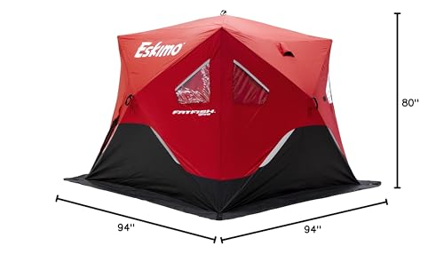 Eskimo FF949 FatFish Pop-up Portable Hub-Style Ice Shelter, Wide Bottom Design 61 sq ft. Fishable Area, 3-4 Person Non-Insulated , Red , 99" x 99"