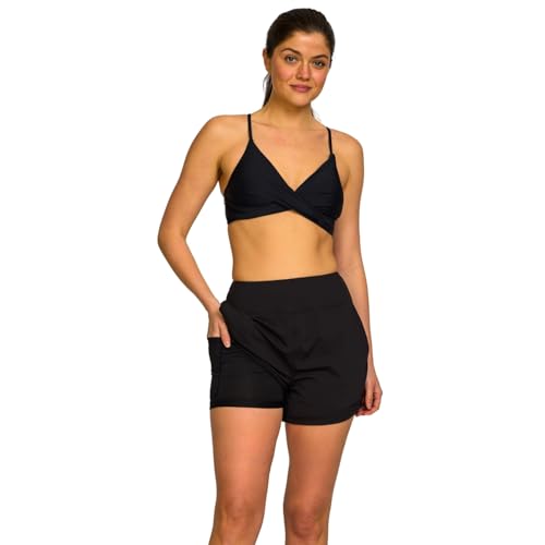High Waisted Women's Swim Shorts - 5 Inch Inseam, Black, Medium