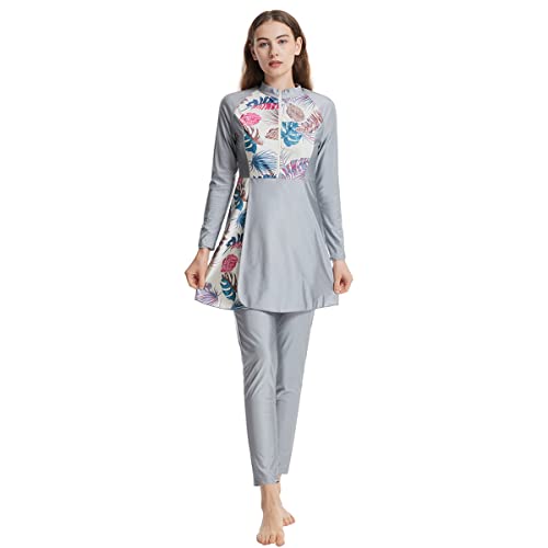 Modest Burkini Swimsuit for Women with Long Sleeve, Built-in Bra, Pants & Hijab - Medium Gray