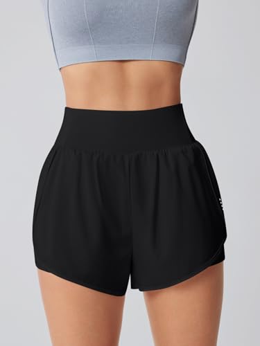 Women's High Waisted Athletic Running Shorts with Pockets - Black, Medium - Gym Yoga Beach Shorts