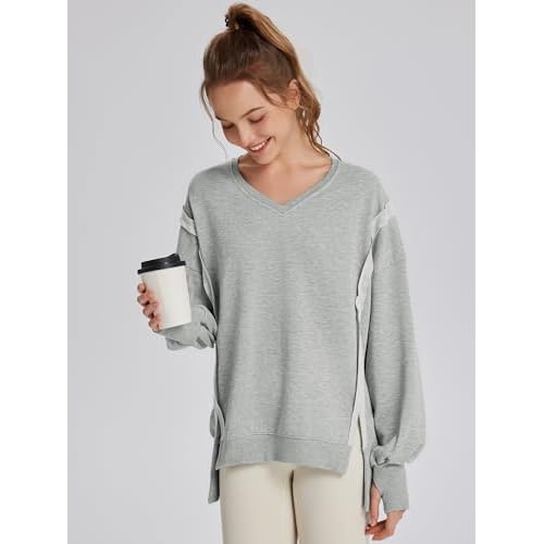 TAKEYAL Women's Oversized Sweatshirts Side Slit Long Sleeve V Neck Sweatshirt Casual Loose Pullover