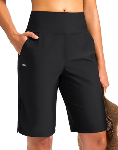 Large Black Women's 11-Inch Long High-Waisted Swim Shorts with Pockets - Modest Beach Board Shorts