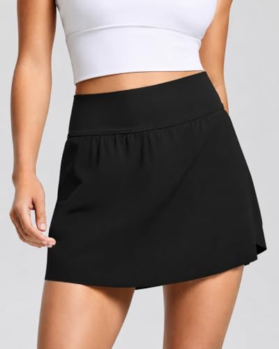 Large Black High-Waisted Side Slit Tennis Skirt for Women Running Athletic Skort with Pockets - LOMON