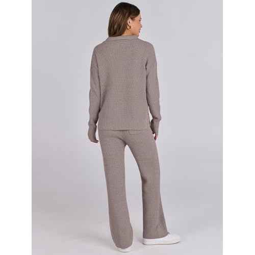 ANRABESS Women Two Piece Outfits Sweater Sets Lounge Waffle Knit Pullover Matching Wide Leg Pants Tracksuit 2025 Fall Fashion