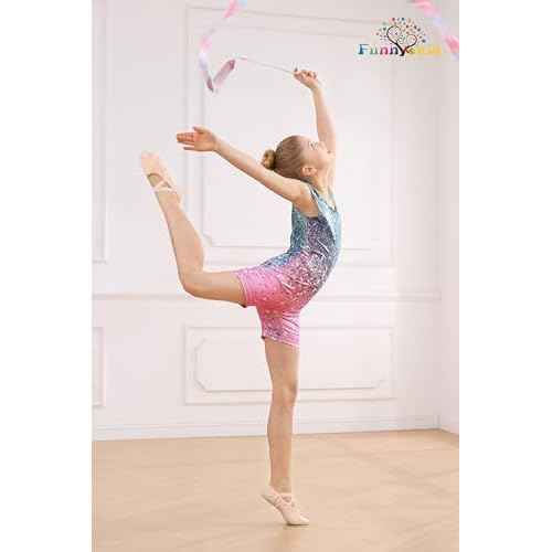 Funnycokid Girls Gymnastics Leotards with Shorts Sparkle Dance Unitards Mermaid Active Biketards 2-10 Years