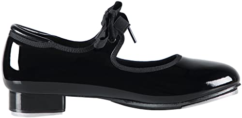 Kids Tap Dance Shoes Flat with PU Leather Ribbon Tie - Black Patent, 13 Little Kid