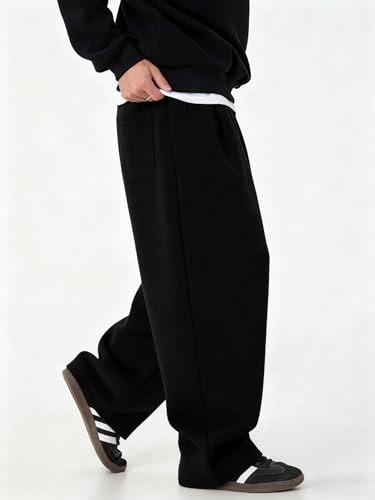 Mens Wide Leg Sweatpants - Black, Medium, Casual Jogger with Pockets