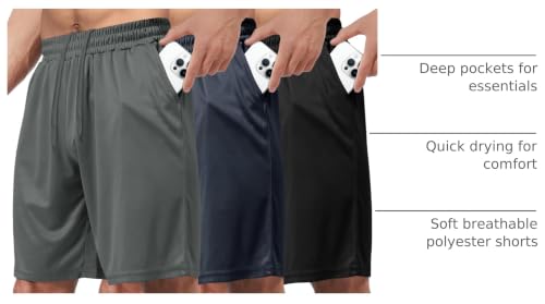 Men's Athletic Shorts 3 Pack - Quick Dry Gym Shorts with Pockets, S-6XL - Dark Grey