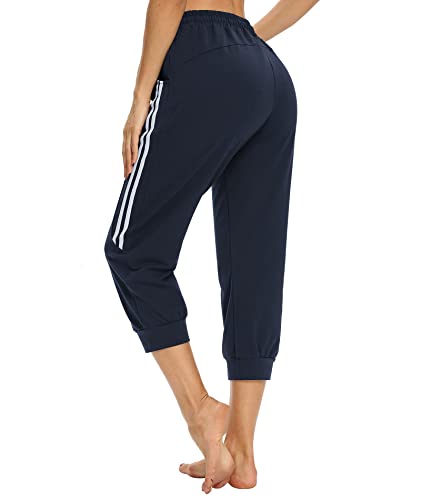 KaiDi Women's Navy Blue Capri Joggers with Pockets, Large