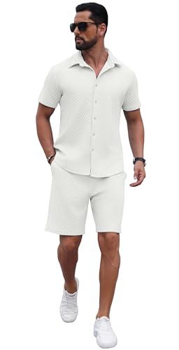 PrinStory Men's Short Sleeve Button-Down Tracksuit Outfit - White, Large