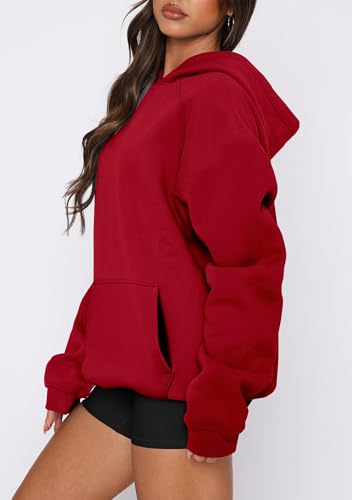 Women Pullover Hoodie Sweatshirt with Kangaroo Pocket - Red, Small