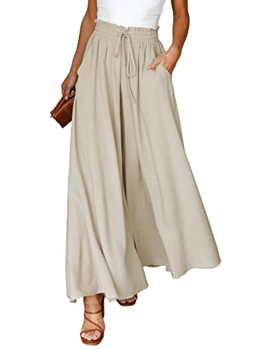 Dokotoo Wide Leg Pants for Women Beige Medium Casual Elastic Waist Drawstring Pants