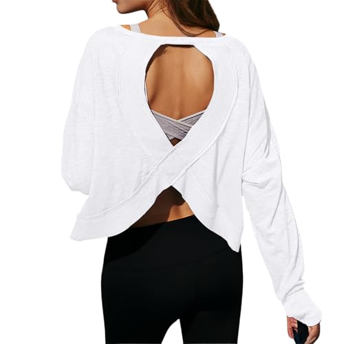 Open Back Workout Crop Top for Women Small White - Casual & Athletic Long Sleeve Tee
