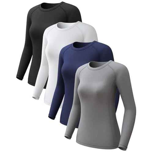 4 Pack Women's Long Sleeve Compression Shirts, Dry Fit Workout Athletic Sun Protection Cooling Tops for Yoga Running Gym