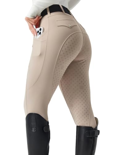 Women's Horse Riding Tights with Pockets - Full Seat Breeches, High Waist, Apricot Small Variation