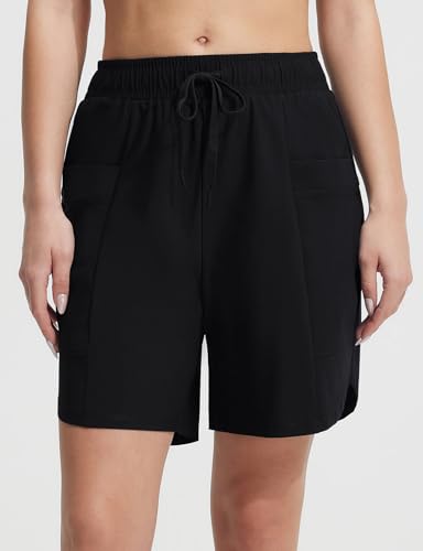 Women’s High Waisted Long Board Shorts - Black, Large, Quick Dry, Pockets