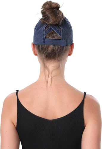Black Navy Distressed Ponytail Hat for Women - Criss Cross Baseball Cap with High Bun, 2 Pack