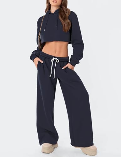 Women's Wide Leg Fleece-Lined Sweatpants - Navy Blue, Small