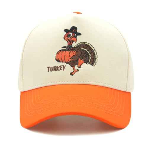 Embroidered Turkey Hats for Men & Women, Vintage Thanksgiving Trucker Hat, Adjustable Cotton Two-Tone Baseball Cap Orange/Beige