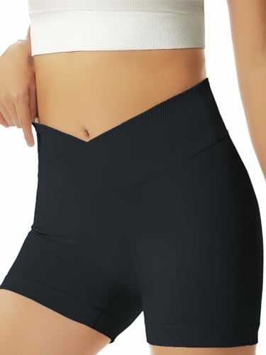 Girls Athletic Shorts Slim Tummy Control V Cross Waist Shorts - Black, 10-12 Years