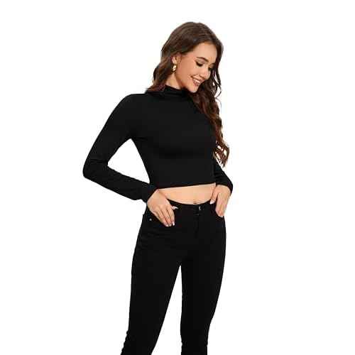 MadHeart Womens Long Sleeve Crop Tops Slim Fit Cropped Mock Neck Base Layer Shirts