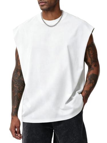 Men's Sleeveless Workout Tank Top - Large White, Muscle Cotton Gym Shirt